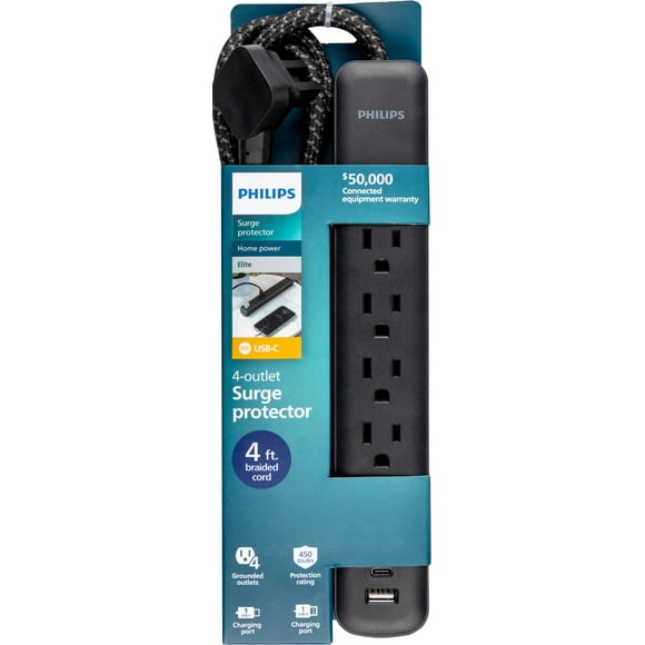 Protector contra sobretensiones Philips SPP3393B/37, 4 salidas, 15 W, 450 J