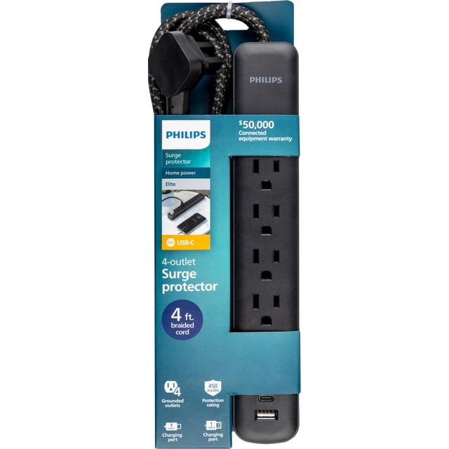 protector contra sobretensiones philips spp3393b/37, 4 salidas, 15 W, 450 J; regleta negra vertical con logotipo PHILIPS en la parte superior, cuatro tomas a tierra alineadas, puerto USB-C (5V/3A) y USB-A (5V/2.4A) en la base, cable trenzado negro de 4 pies con enchufe plano para instalación cerca de la pared, acabado mate; adecuado para proteger equipos de escritorio y estaciones de carga móviles.