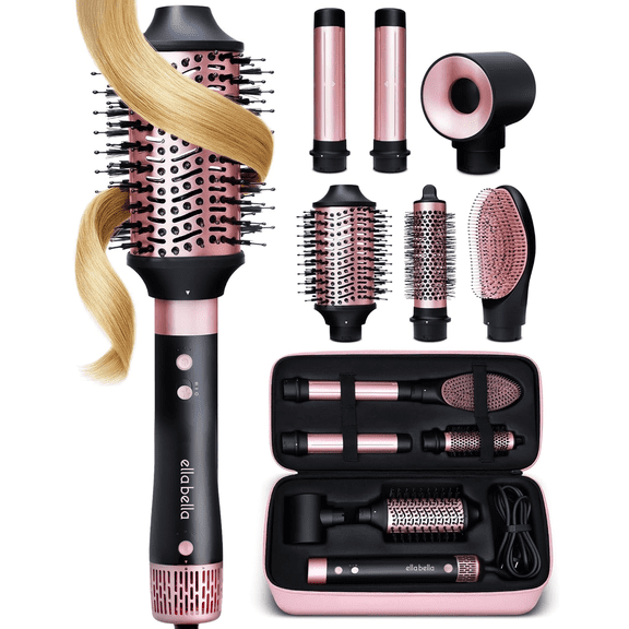 ELLA BELLA® 6 in 1 Professional Hot Air Styler • Powerful Hair Dryer & Straightener Set • Fast Drying Curling Volumizing Straightening Styling • Includes Protective Travel Case (Black & Rose Gold)
