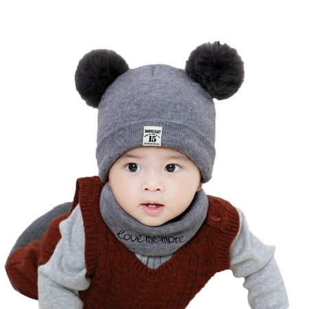 

Huyghdfb Baby Winter Knitted Caps Dual Pom Poms Crochet Beanie Two Piece Hat Scarf Set