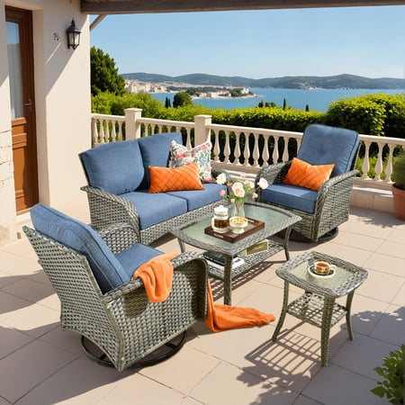 Vcatnet 5 Pieces Patio Furniture with Swivel Chairs High Back Outdoor Conversation Set All-Weather Wicker Sectional Furniture Set Denim Blue