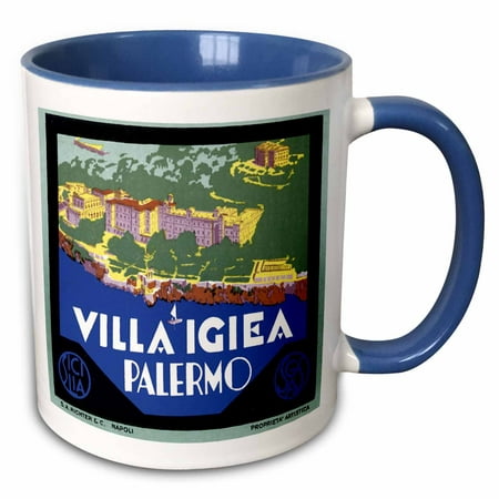 3dRose Vintage Villa Igiea Palermo Italy Luggage Label - Two Tone Blue Mug,