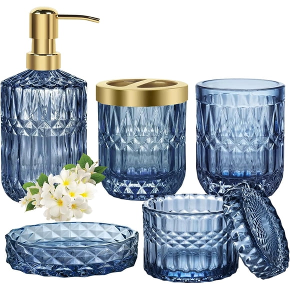 Glass Bathroom Accessories Set, Bathroom Accessories Set, Bathroom Counter Sink Soap Dispenser, Gold Toothbrush Holder, Cotton Swab Jar, Soap Dish, Tumbler