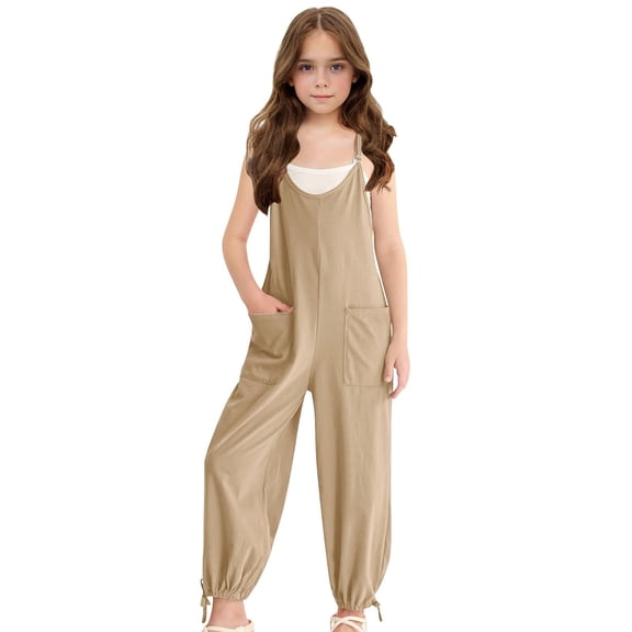 Ticikt Girls Sleeveless Jumpsuit with Adjustable Spaghetti Straps and Side Pockets Casual Summer Romper for Big Kids and Polyester,Color:Khaki