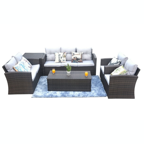 Moda Furnishings Popular Patio Wicker Sectional Sofa With Storage Box 6 Pieces Brown Com Moda Furnishings Popular Patio Wicker, Moda 5 Piece Patio Wicker Round Dining Table Set With Cushions