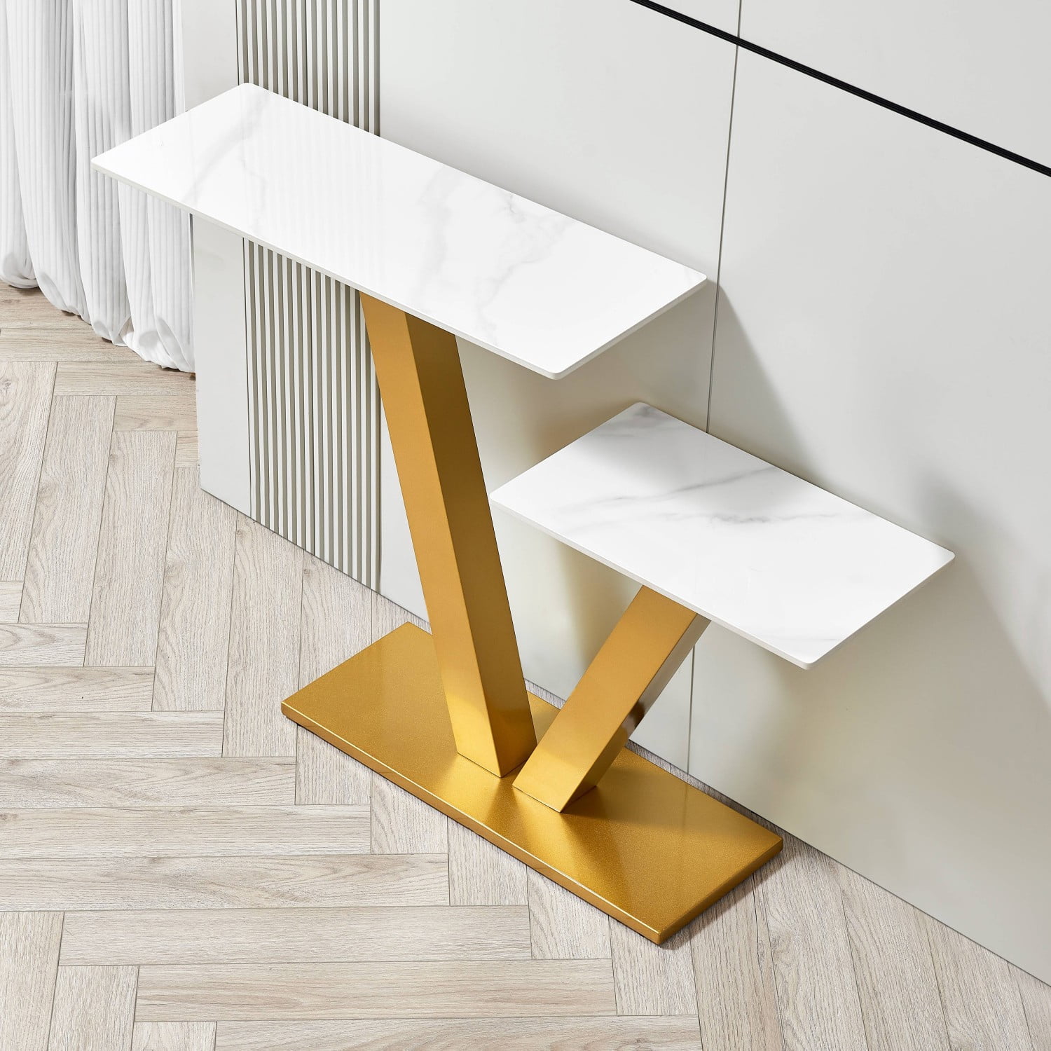 Gewnee Modern 2-Tier Console Table Entryway Sofa V-Shaped Accent Table with Metal Base And Adjustable Foot Pads for Hallway, Corridor