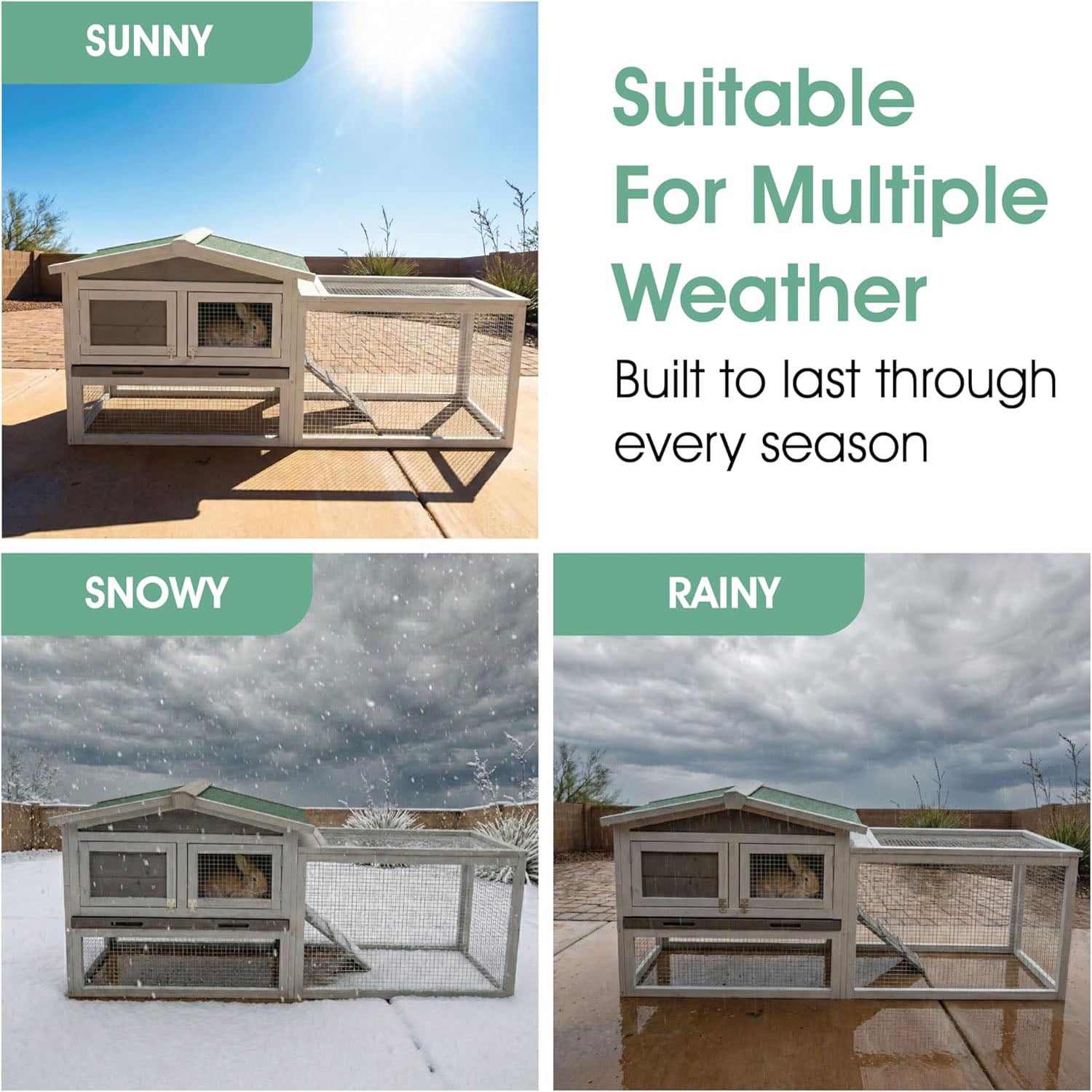Gaderth Rabbit Hutch, 60in 2-Story Wooden Stable Bunny Cage Indoor/Outdoor with Removable Wire Netting and Weatherproof Leak Proof Tray Anti-Chew Metal Frame Ramp for Small Animals