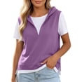 thumbnail image 3 of Feancey Womens Short Sleeve Hoodie Sweatshirts 2 In 1 V Neck Side Split Pullover Tops Color Block Casual Lightweight Hooded Sweatshirt for Office Daily Wear Purple 3XL, 3 of 8