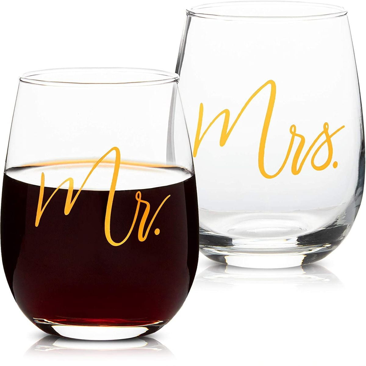 Set of 2 Slant Mr & Mrs Stemless Wine Glasses