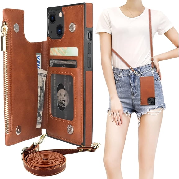 Crossbody Wallet Case for iPhone 14/13 with RFID Blocking Card Slot Holder, Magnetic Flip Folio Purse Case, PU Leather Zipper Handbag with Detachable Lanyard Strap 6.1 Inch 5G (Brown)
