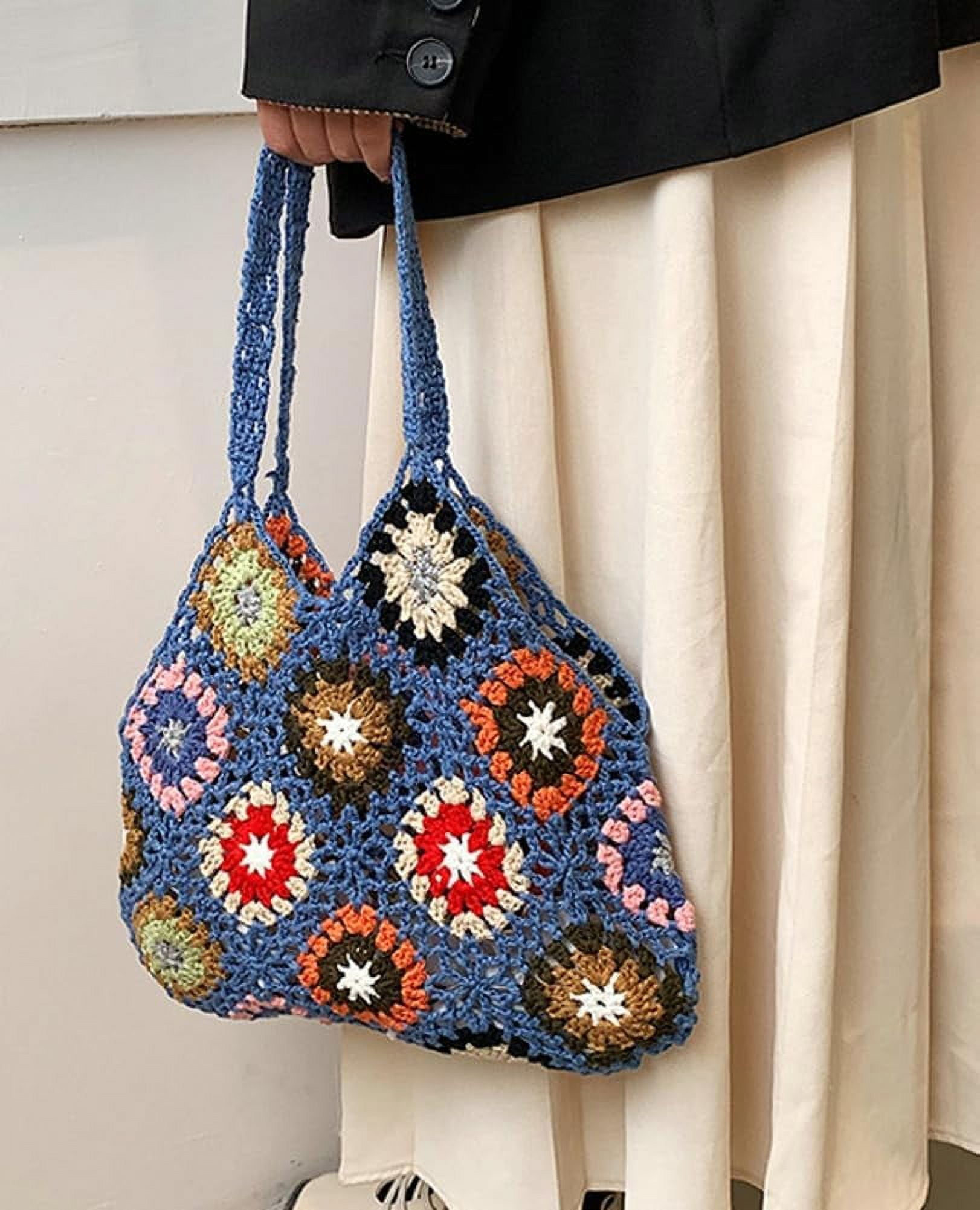 Kukuzhu Cute Floral Knitted Shoulder Bag Women Aesthetic Fairy Y2k Hobo Bag Crochet Small Hand Woven Beach Mesh Tote Purse