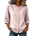 thumbnail image 2 of Ayolanni 3/4 Sleeve Summer Women Blouses Scoop Neck Button Down Cotton Linen Solid Blouse Pockets Oversized Textured Tees Spring Tops for Women Pink XL, 2 of 7
