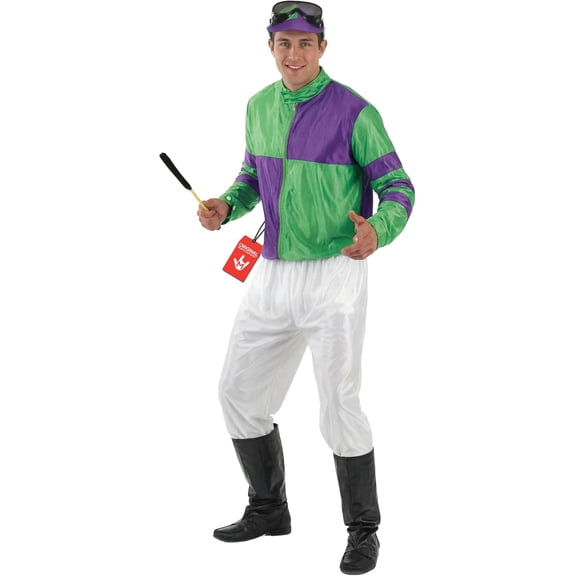 Fun Shack Mens Green & Purple Jockey Costume Adult Horse Racing Rider Fancy Dress Halloween Green L