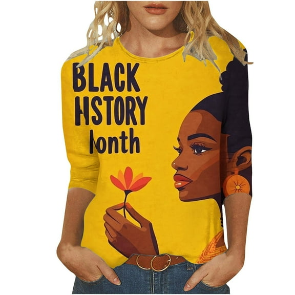 ibuvkizy Black History Month Shirts for Women 3/4 Length Sleeve Tops,Fashion Woman Casual Round Neck Printing Blouse 3/4 Sleeve T-Shirt Summer Tops,Orange,S