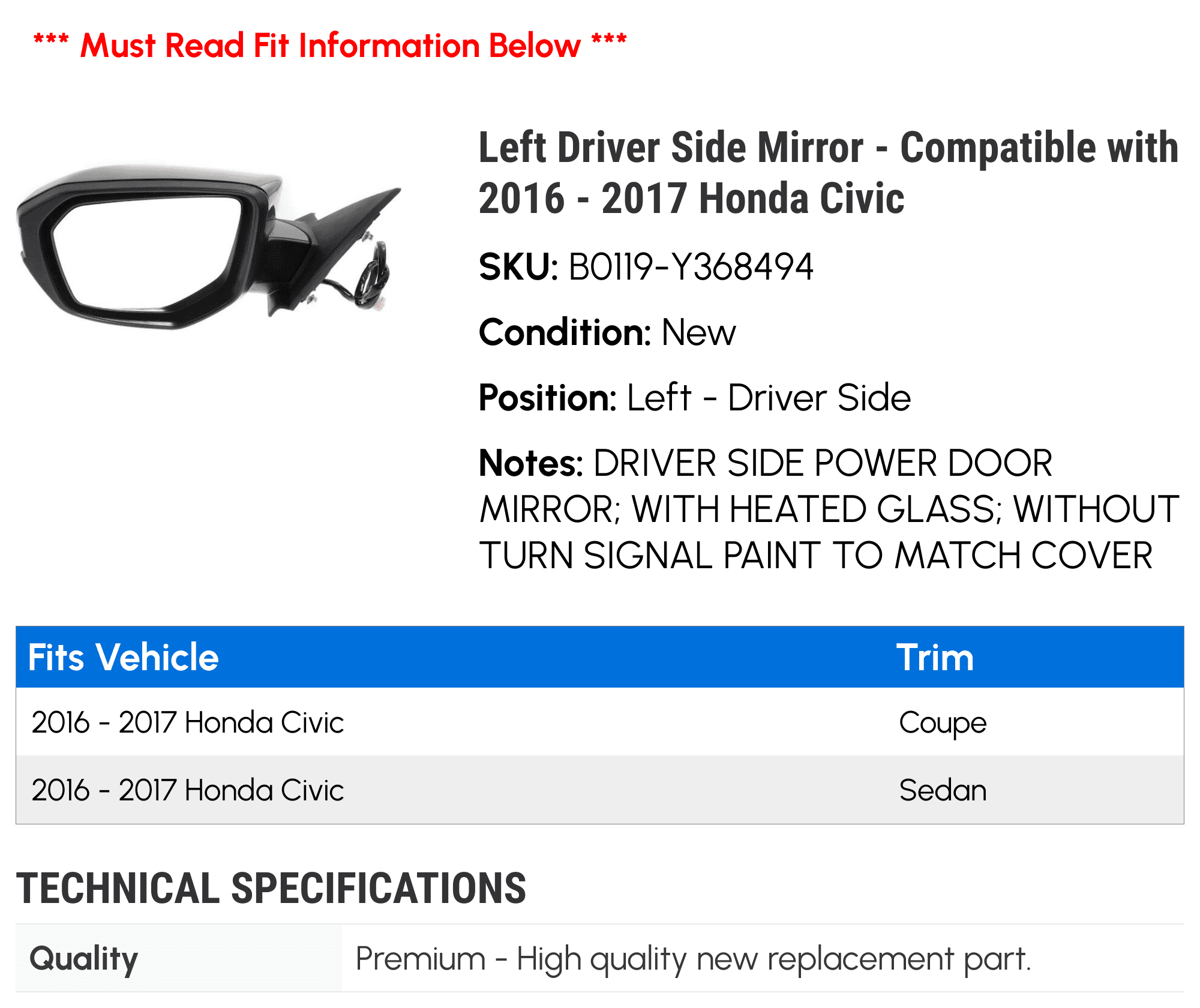 Left Driver Side Mirror - Compatible with 2016 - 2017 Honda Civic
