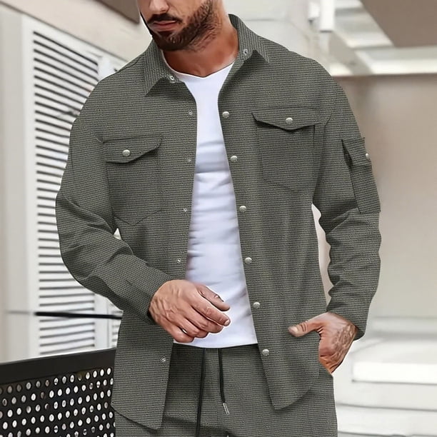 pstuiky Camisas para hombre de manga larga, Chaqueta tipo cárdigan de manga larga con solapa y botones, color liso, para hombre, con múltiples bolsillos top de hombre m