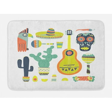 Fiesta Bath Mat, Symbols from Mexico Guitar Face Aztec Mask Tequila Skull Musical Instruments Taco, Non-Slip Plush Mat Bathroom Kitchen Laundry Room Decor, 29.5 X 17.5 Inches, Multicolor, Ambesonne