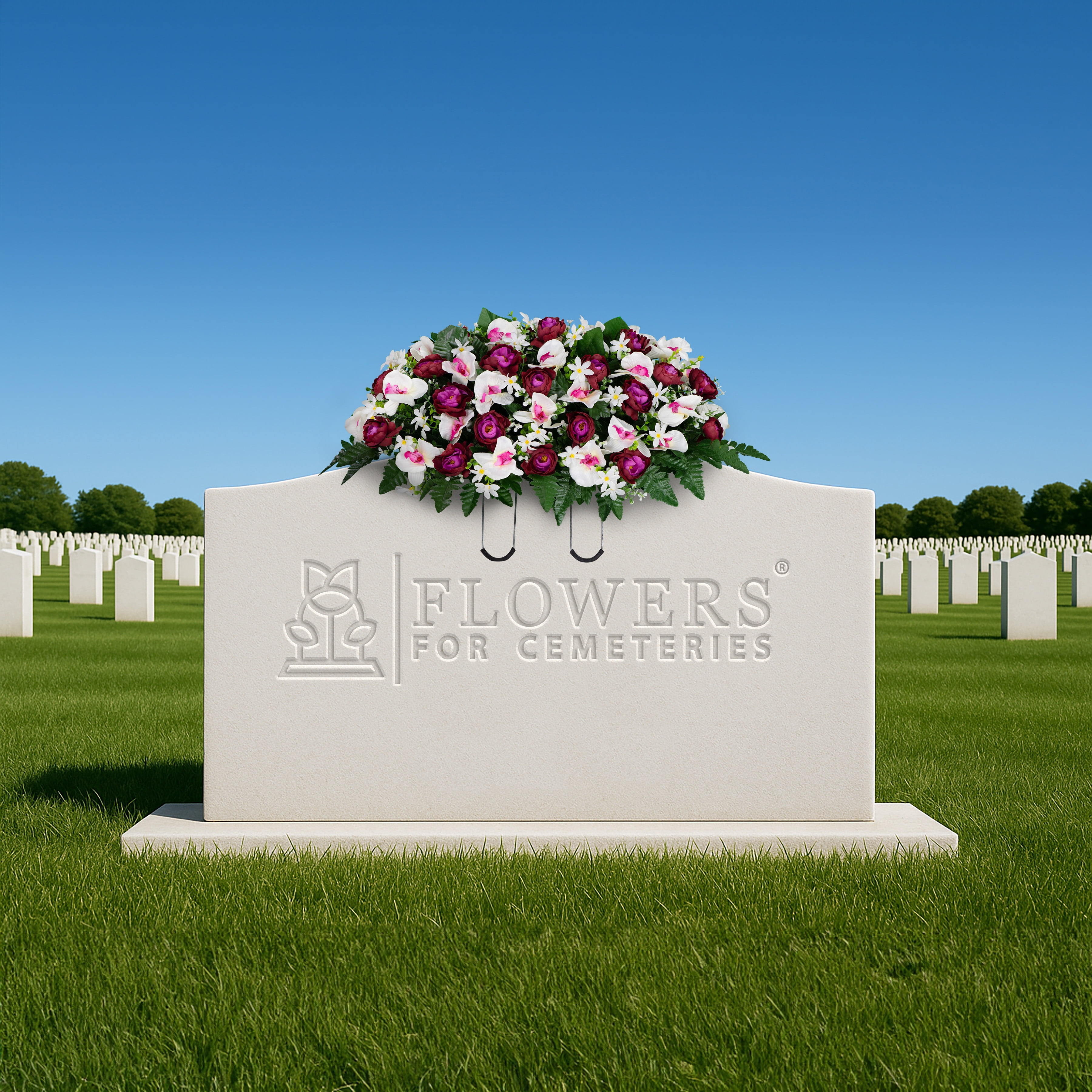 Sympathy Silks Artificial Cemetery Flowers - Violet Cabbage Rose and White Orchid - Saddle for Headstone