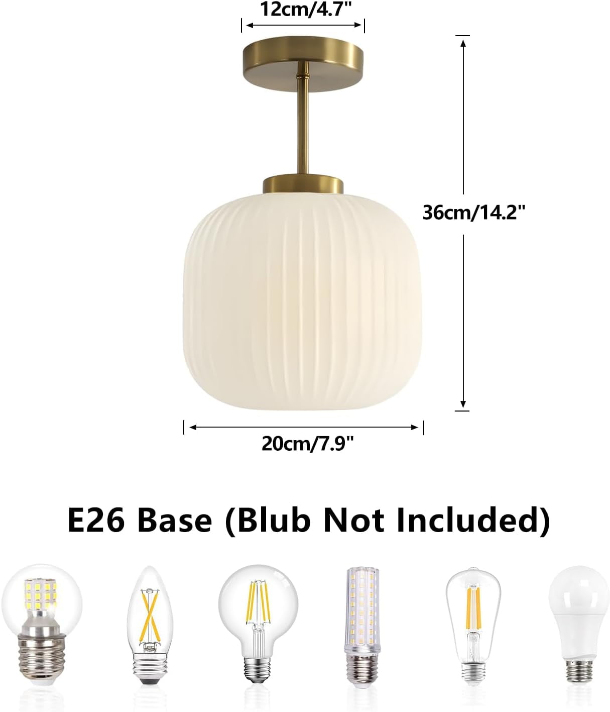 KCO Lighting Ribbed Milk Glass Flush Mount Light Gold and White Ceiling Lamp Brass Kitchen Lighting