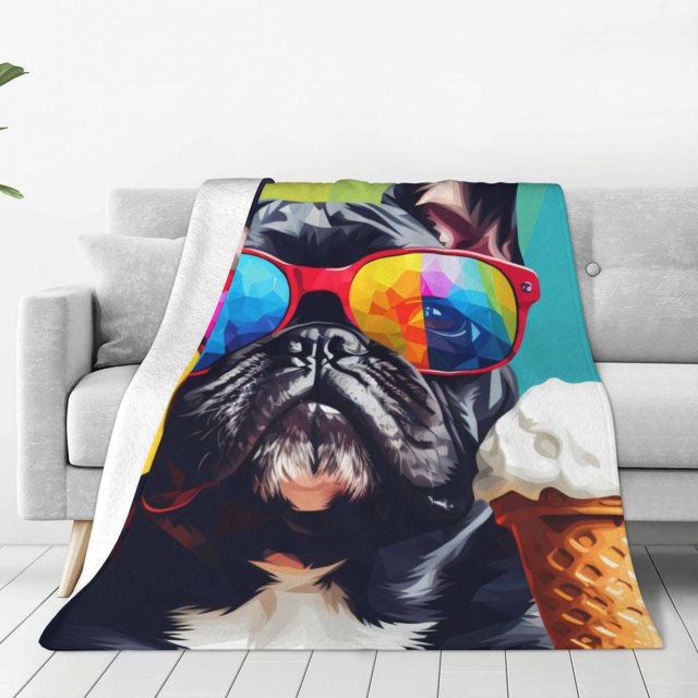 Fotbe Rainbow Bulldog Sunglasses Manta de Franela Acolchonada con Estampado, Súper Suave y Esponjosa, Extra Grande para Sofá, Cama, Uso Todo el Año-50"x40"