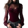 thumbnail image 3 of Women's Corset Velvet Turtleneck Lace Long Sleeve Ruffle Slim Fit Vintage Casual Elegant Corset - Mesh Sheer Crew Neck Shirts Sexy Spring Going Out Blouse Wine M, 3 of 5