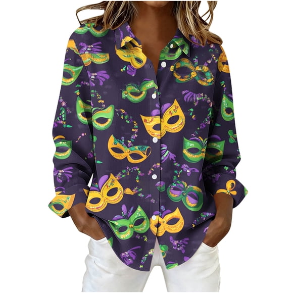 Women's Carnival Shirt, Carnival Print Long Sleeve Top, Button Down Festival Blouse, Comfortable Stretch Fabric, for Party Casual Wear