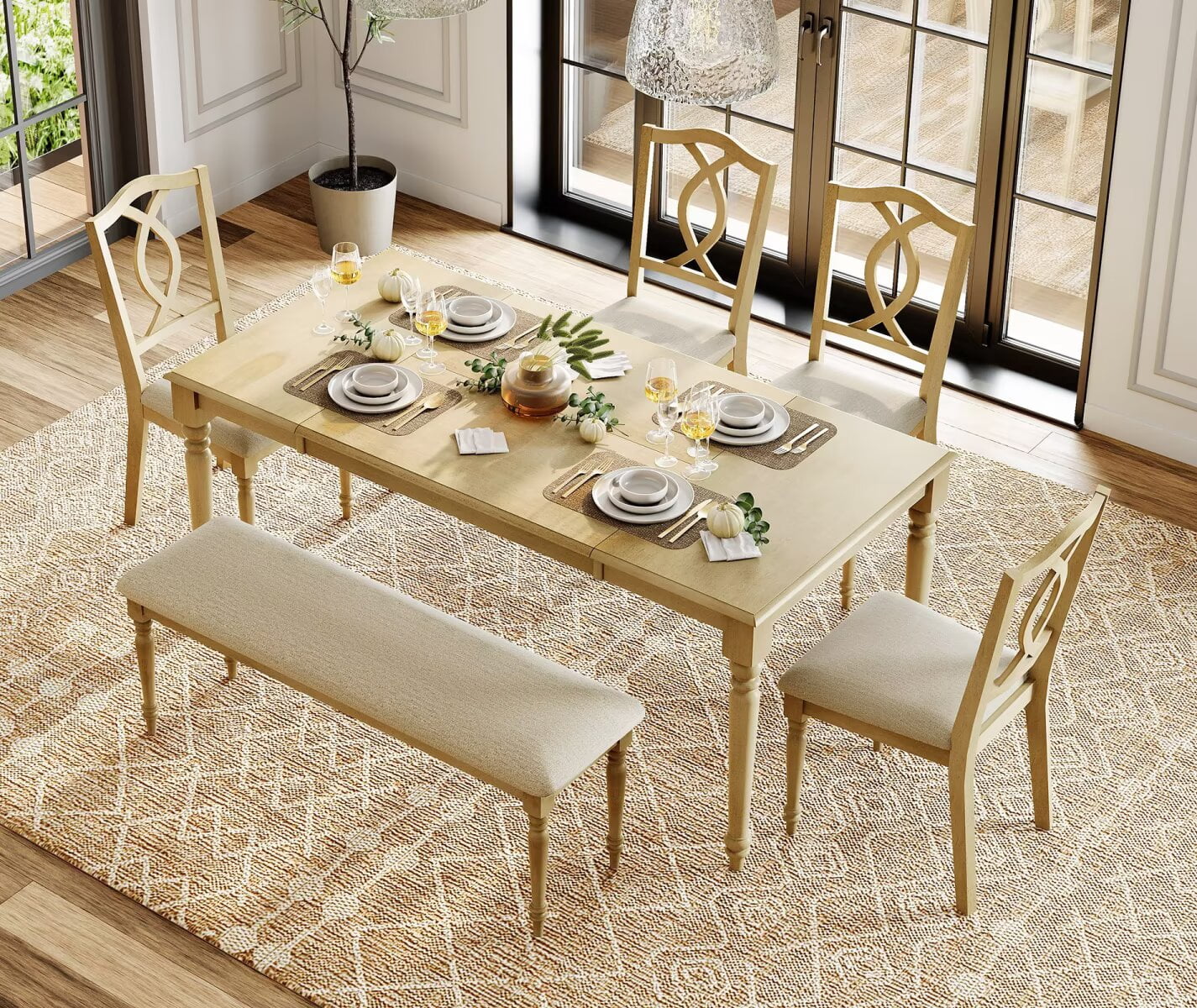 6 Piece Dining Table Set for 6-8 People - Includes One Dining Table, One Upholstered Bench, 4 Wood Dining Chairs, Rustic Dining Set for Kitchen, Oak