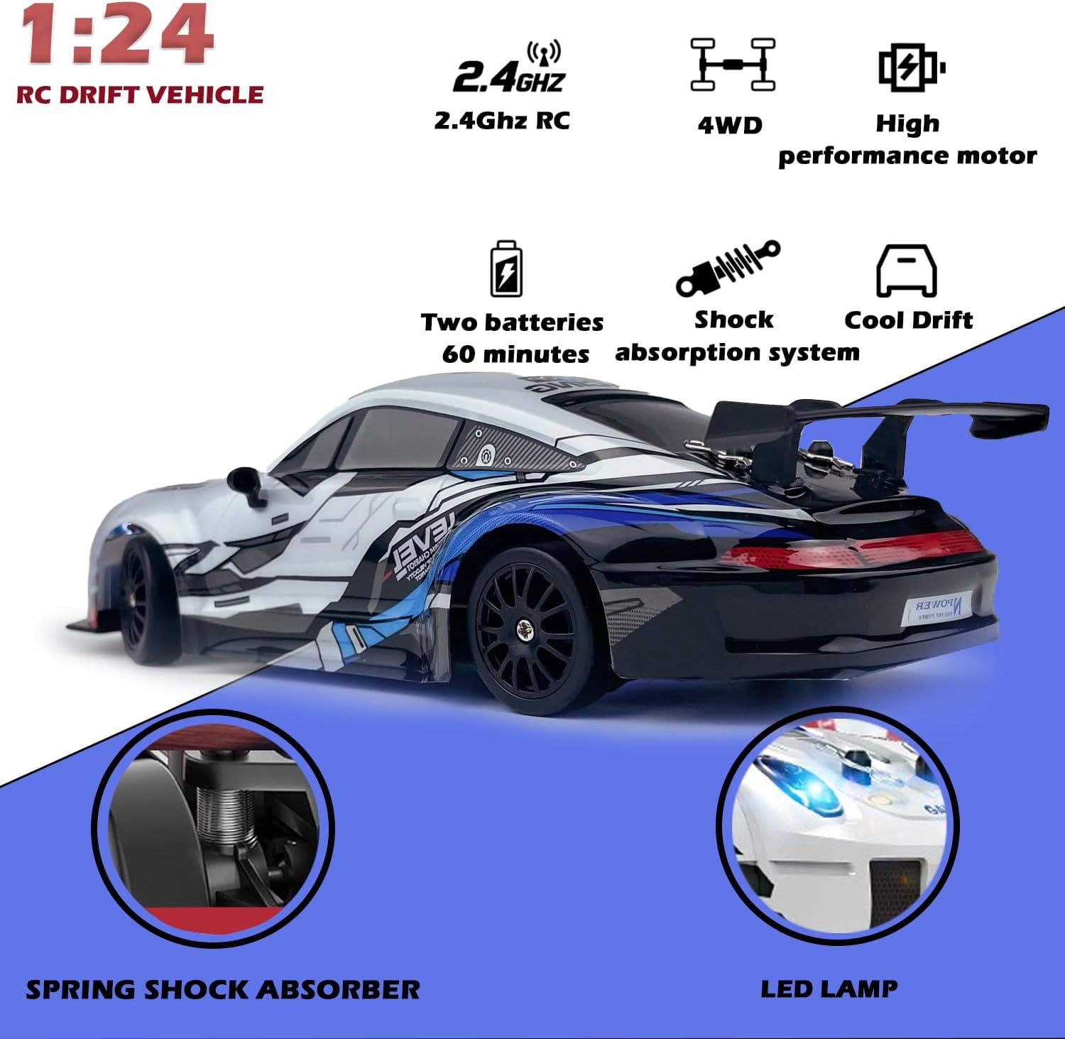 RC Car 2.4GHz 1:24 Scale 4WD High Speed Drift Car with LED Lights , 2 Batteries