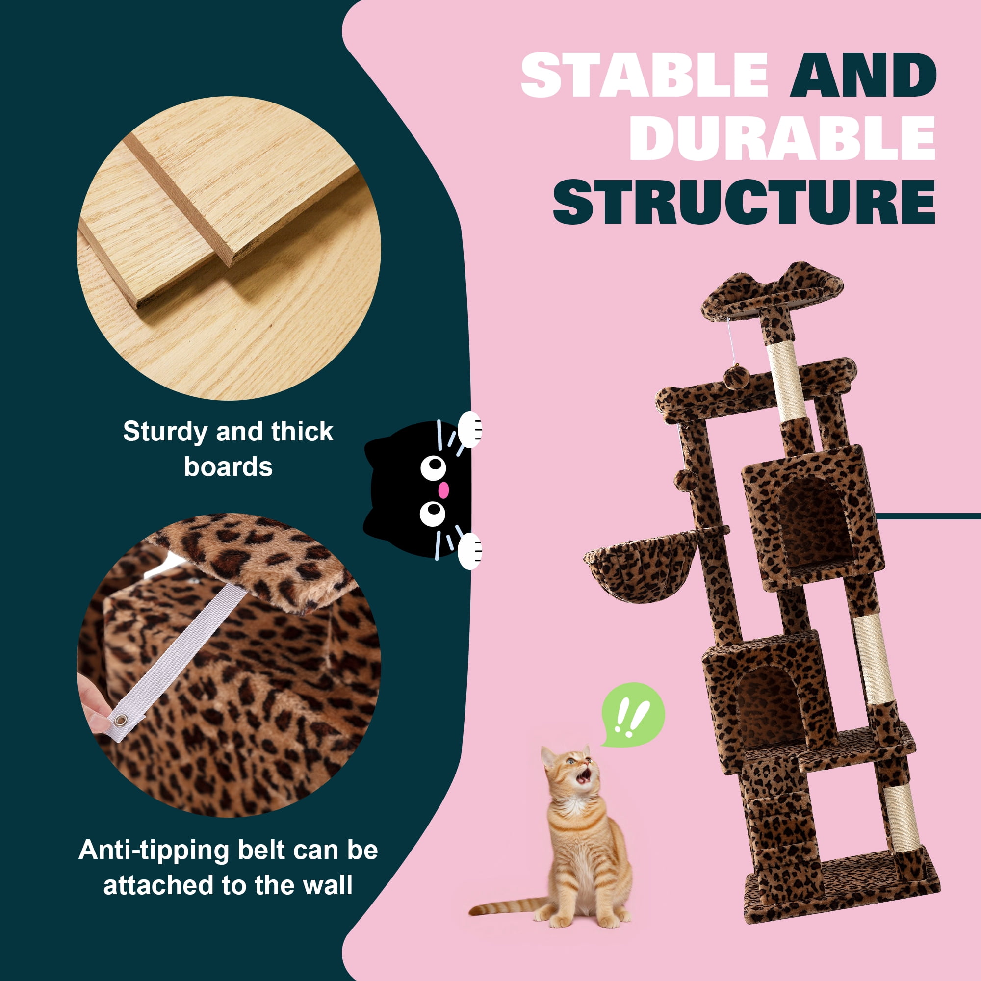 Amolife 64" Large Cat Tree and Tower with Stair, Condo House & Scratching Posts for Indoor Cats, Leopard Print