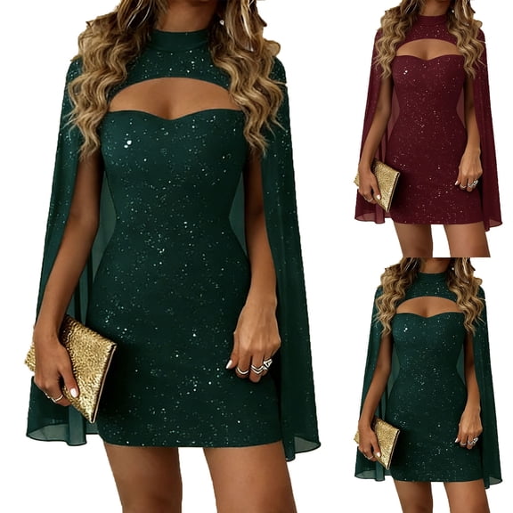 FRSASU Women's Sequin Dress Cold Shoulder Sleeveless Bodycon Mini Dress Cloak Cut Out Slim Cocktail Party Dress Wine