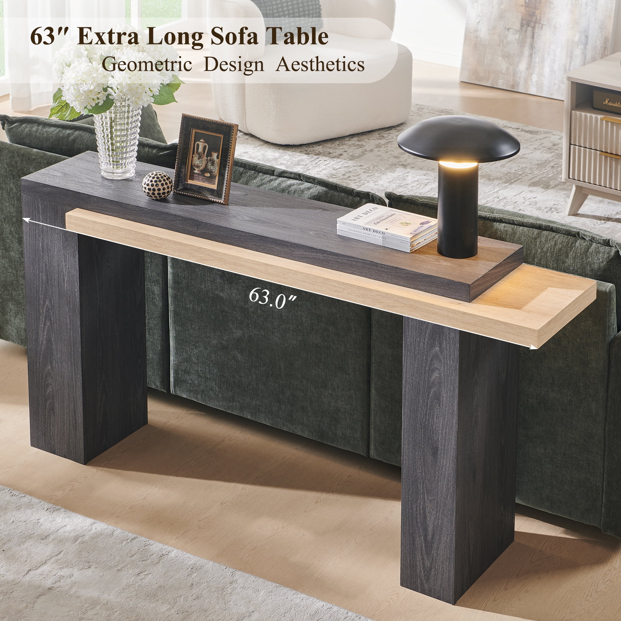 KeyWhat 63" Entryway Console Table, Wooden Modern Sofa Table Behind Couch, Dual-Level Countertop Design for Hallway, Entryway, Living Room, Natural Oak & Dark Alder