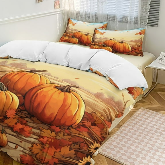Thanksgiving Pumpkins 3 Pieces Duvet Cover with Zipper Closure,Premium Polyester Lightweight Bedding Set