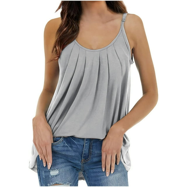 UPPADA Womens Débardeurs Froncés Col Rond Décontracté Été Hauts Couleur Unie Blouses Basiques Sans Manches Tuniques Amples