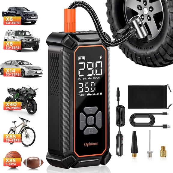 Ophanie Cordless Tire Inflator Portable Air Compressor, 160PSI, 4500mAh Battery, Air Pump for Car Tires, Bike, Motorcycle, Electric Pump with LED Light & Digital Pressure Gauge