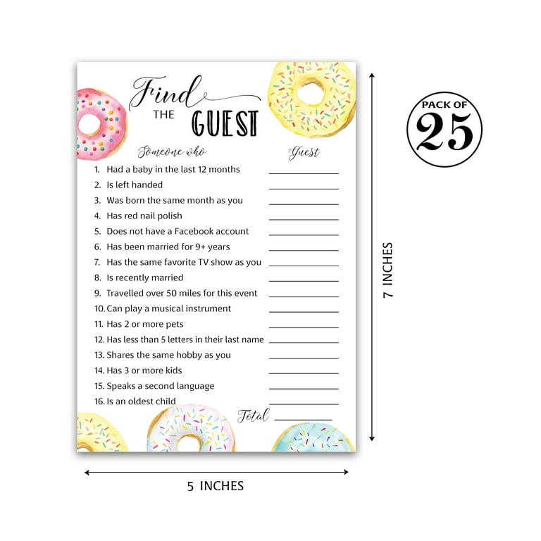DONUT Baby Shower Game — FIND THE GUEST Baby Shower Game — Pack of 25 — Doughnut Theme Baby Shower, Icebreaker Baby Shower Party Game, Donut Guess Who Came to the party Game, Pink Blue Baby Sprinkle G