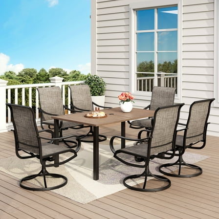 MF Studio 7-Piece Metal Outdoor Patio Dining Set, 6 Textilene Swivel Patio Chairs & 1 Wood-look Top Table, Brown-Gray & Teak Color