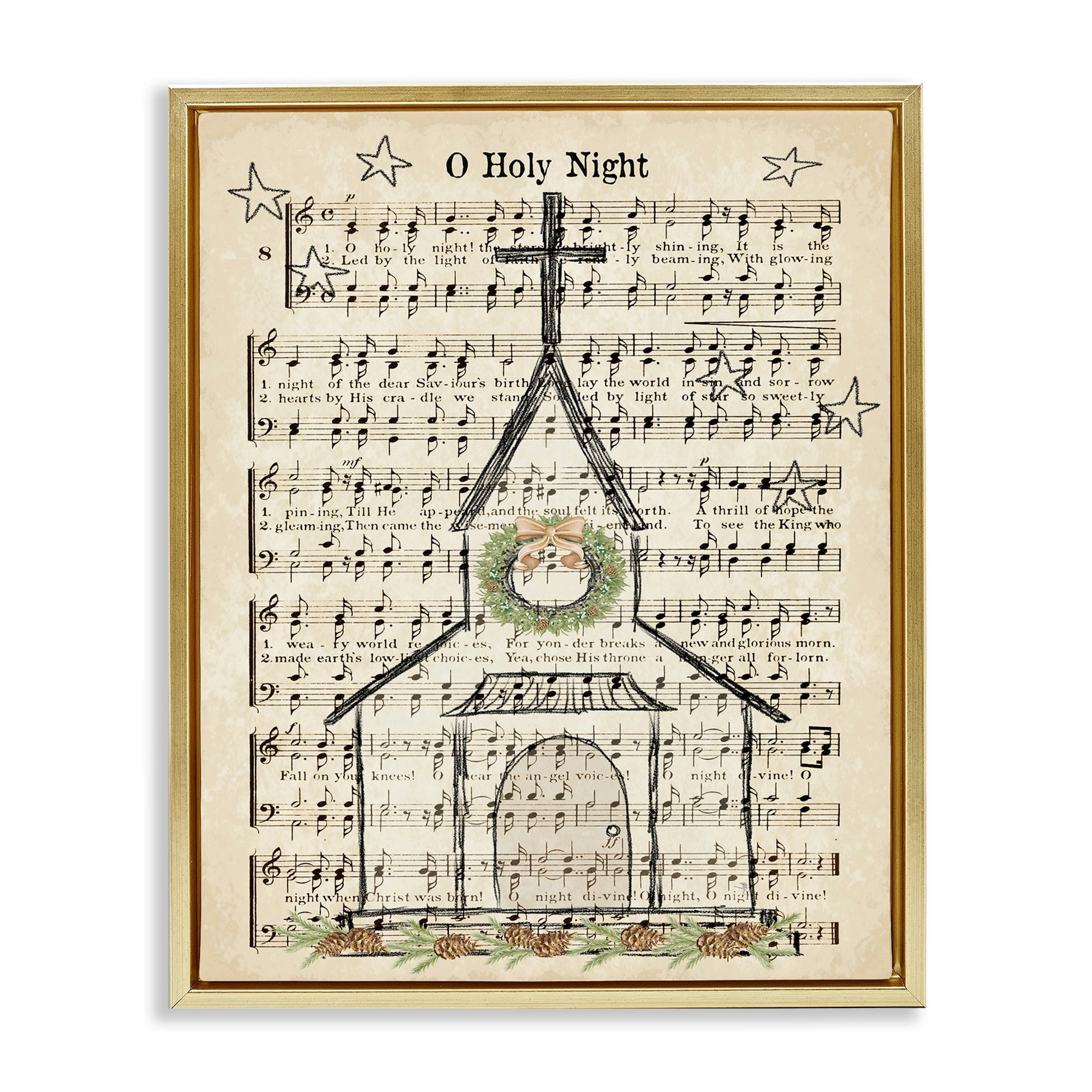 Stupell Industries Festive Winter Church Holy Night Musical Script Metallic Gold Framed Floating Canvas Wall Art, 24x30, by Andi Metz