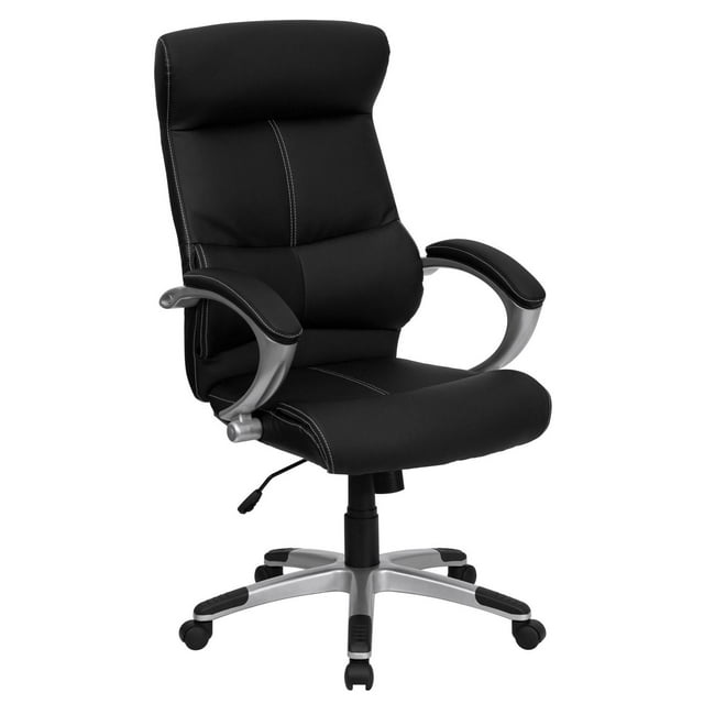High Back Black Leather Executive Swivel Office Chair with Curved Headrest and White Line Stitching