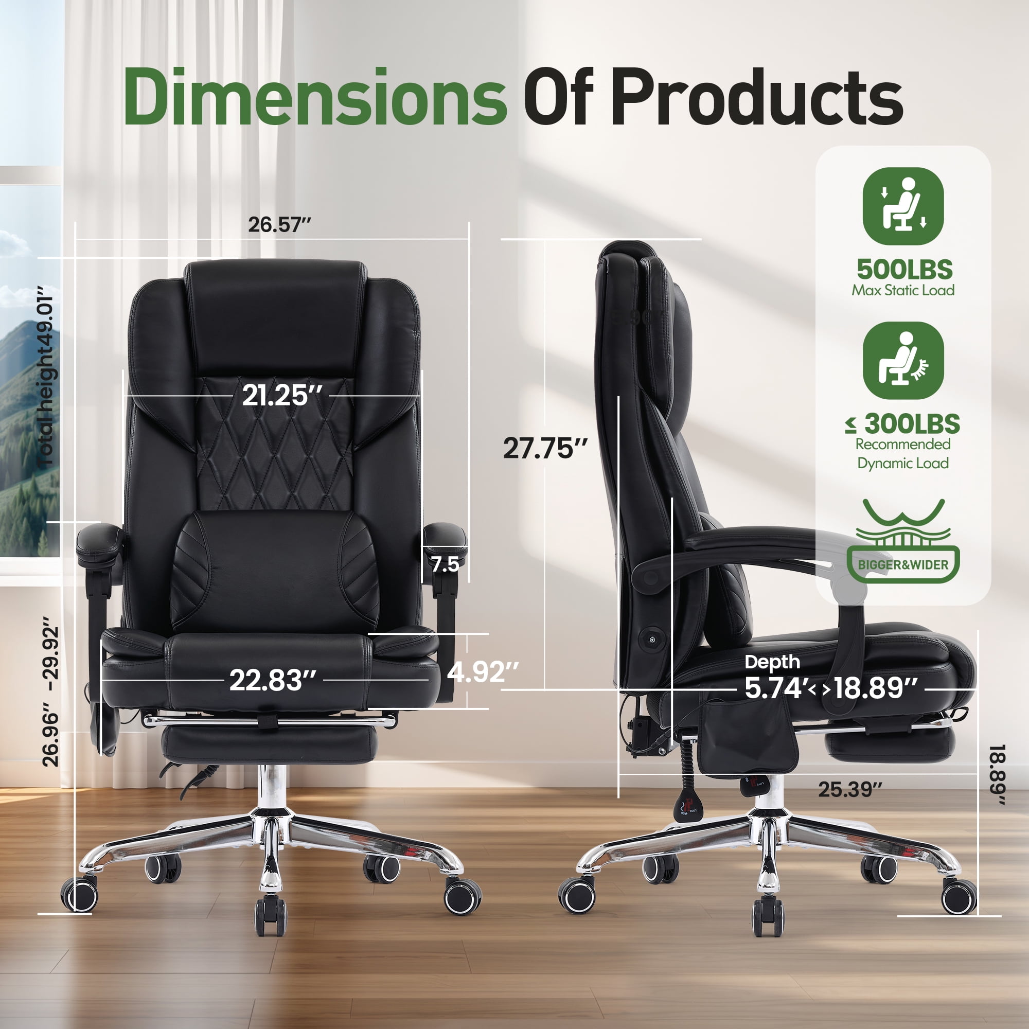 EOP Big and Tall Massage Office Chair, Faux Leather Ergonomic Computer Chair with Back Support Pillow, High Back Reclining Desk Chair for Heavy People, Black