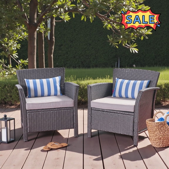 Tcbosik 2 Pack Wicker Chairs with Cushion for Outdoor, Rattan Armchair, Patio Chair for Garden, Deck, Balcony, Easy Assembly, Grey