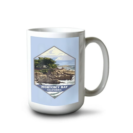 

15 fl oz Ceramic Mug Monterey Bay California Rocky Shore and Cypress Tree Contour Dishwasher & Microwave Safe