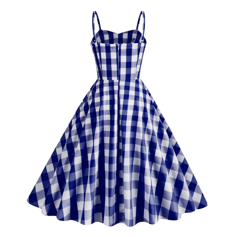 Brglopf 1950s Vintage Dress for Women Spaghetti Strap Plaid Cocktail Party Dress Retro Rockabilly A-Line Swing Prom Dresses Dark Blue S