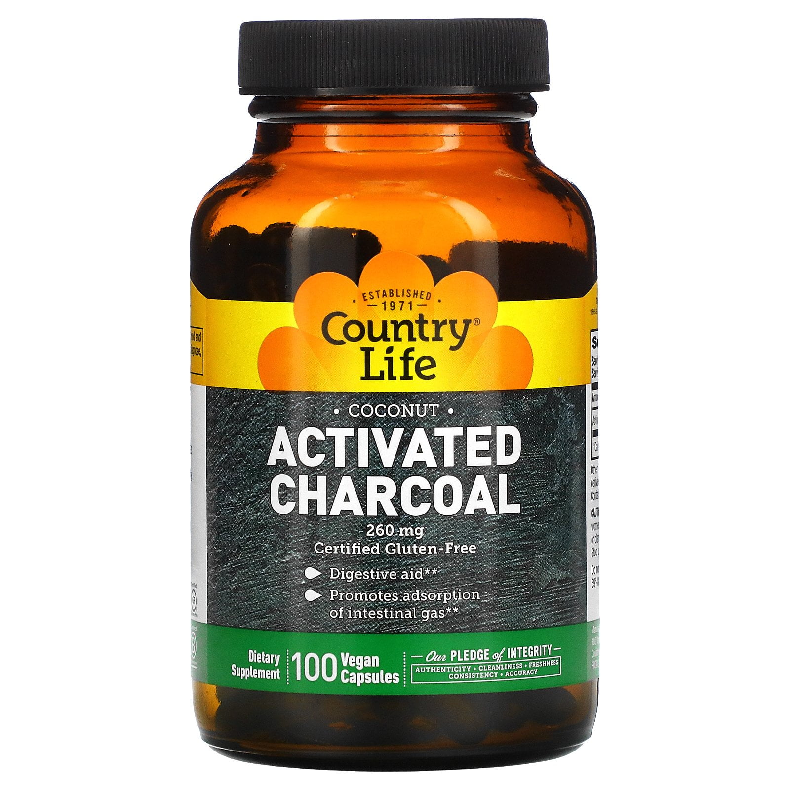 Country Life Coconut Activated Charcoal Capsules, 260mg – Natural Charcoal Supplement for Gas and Bloating Relief - Gluten-Free, 100 Vegan Capsules