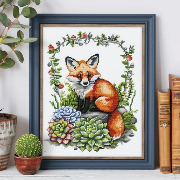 Fox Surrounded in Succulents DIY 11CT Stamped Cross Stitch Kits for Beginners Easy Needlepoint Embroidery Counted Cross Stitch Art Craft for Wall Decoration 14x14inch(4)