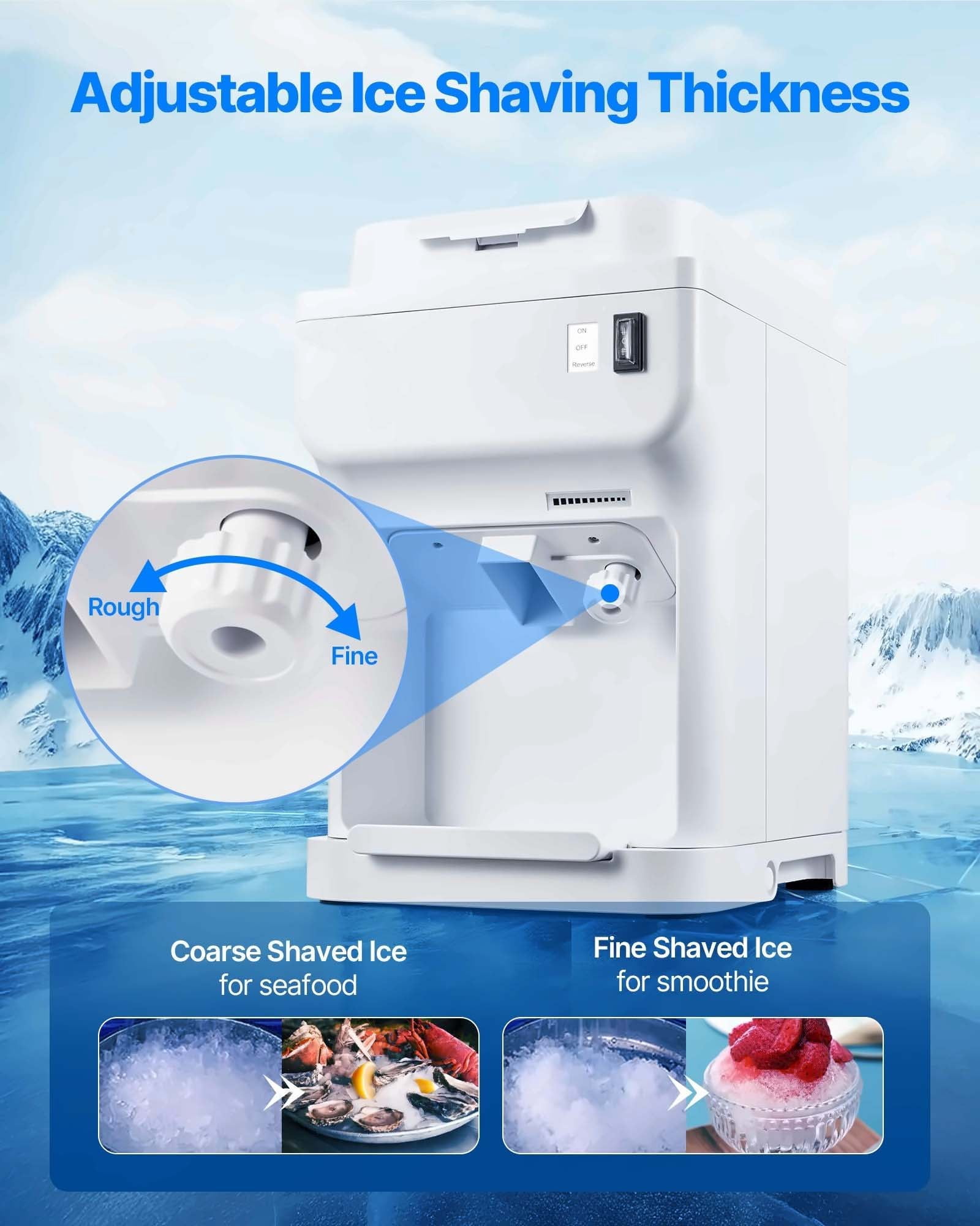 Commercial Ice Shaver 220LBS/H Electric Snow Cone Maker, Ice Crusher Machine, Adjustable Fineness, Large Capacity, White