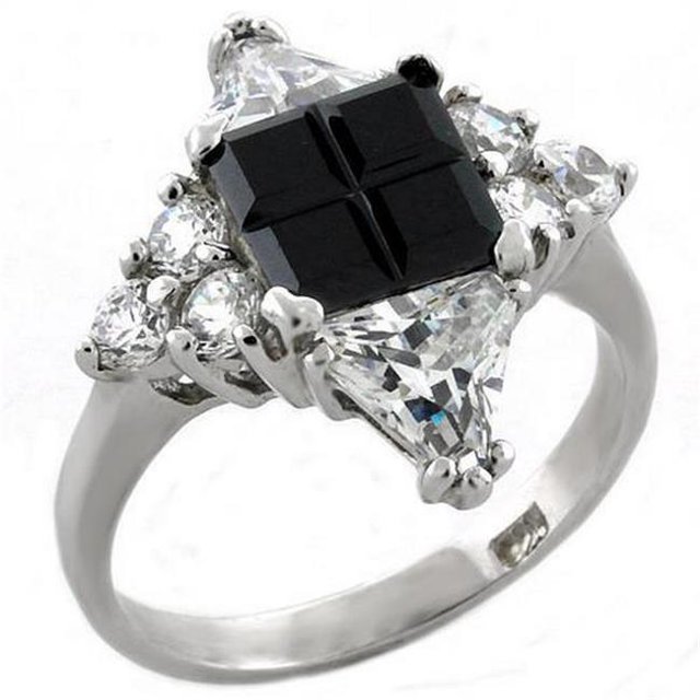 Rhodium 925 Sterling Silver Ring with AAA Grade CZ, Jet - Size 8