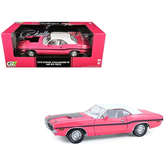 1970 Dodge Challenger R/T 440 Six Pack Panther Pink with Black Stripes White Top and White Interior 1/18 Diecast Model Car by Greenlight