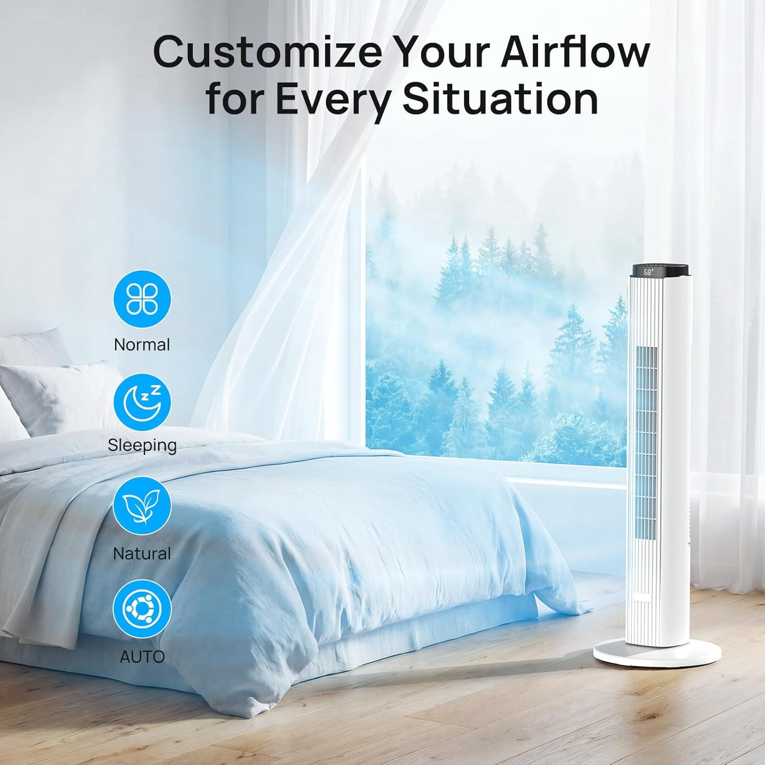 Moifoi 37 inch Tower Fan for Home, 80°Oscillating Bladeless Standing Floor Fan for Large Room, 6Speeds 4 Modes ,12H Timer with Remote,White