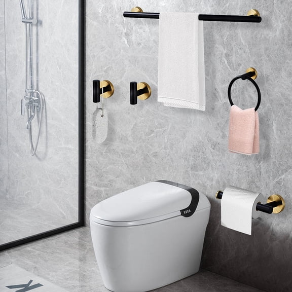 Wall-Mounted 5-Piece Towel Rack Set, Matte Black and Gold Bathroom Hardware, Space-Saving, Rust-Resistant Stainless Steel for Home Use