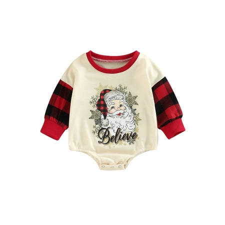 

Infant Baby Girl Boy 1st Christmas Outfit Santa Clause Patchwork Sweatshirt Romper Onesie Bodysuit Fall Winter Clothes